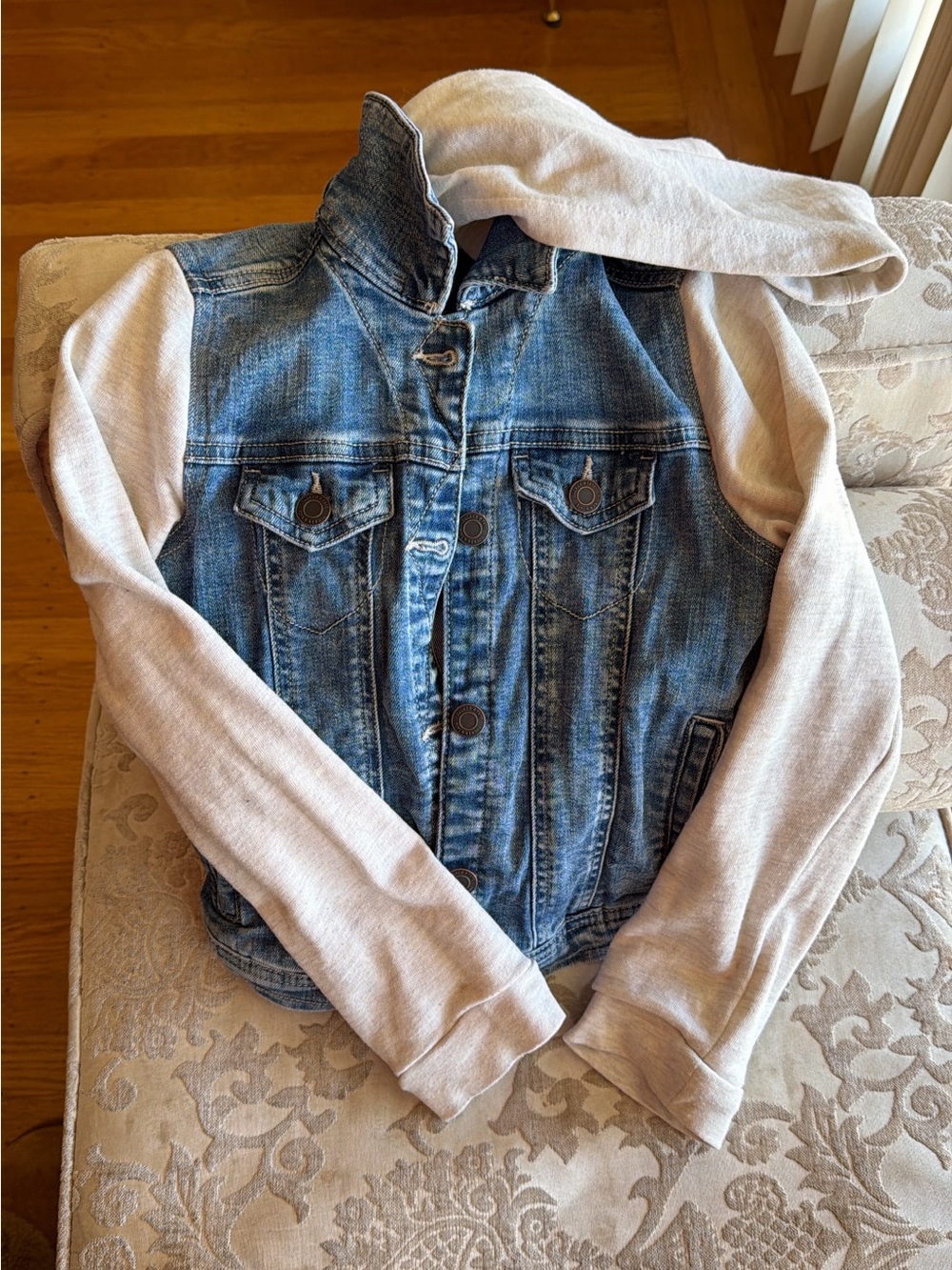 Tucker + Tate Blue Denim Jacket with Cream Hoodie Sleeves